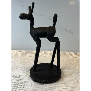 Cast Iron Deer Sculpture Primitive Folk Art Style Black Metal Statue 9"